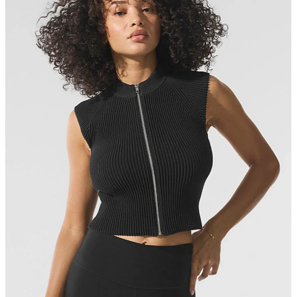 Alo Denim Knit Sleeveless Full Zip Top Black Anthracite Zipper Sweater Knit Tank